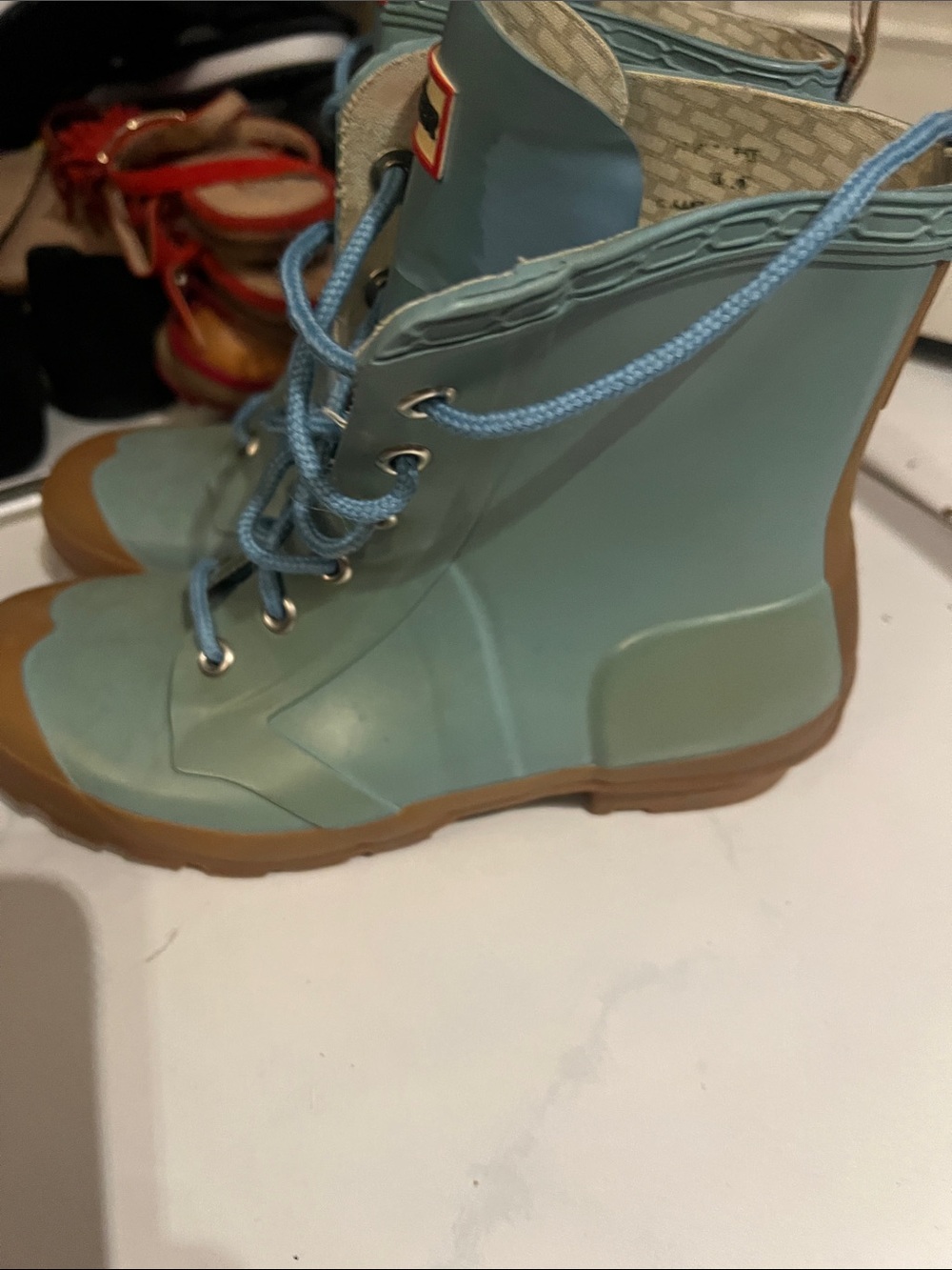 Hunter Two-Tone Lace-Up Rain Boots in Seafoam Green and Brown - Picture 3 of 6